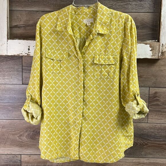 CHARTER CLUB Blouse XLarge Linen Geometric RollTab Sleeve Woven Top Shirt Yellow - Picture 6 of 8